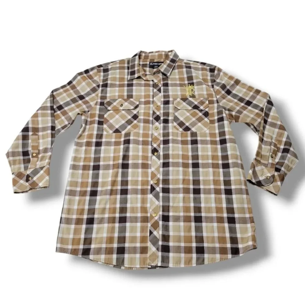 Red Ape Shirt Size 3XL Men Plaid Shirt Button Down Long Sleeve Shirt Embroidered